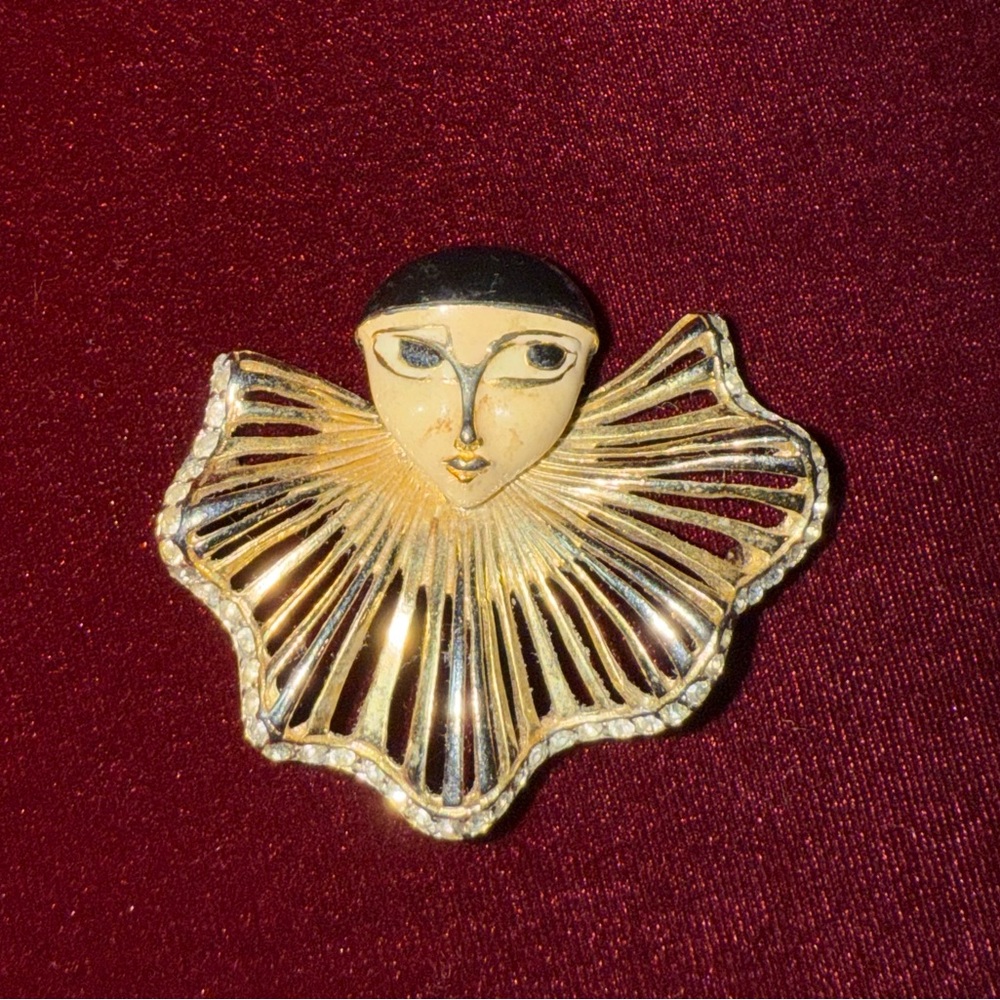 Gold and Black Pierrot French Clown Brooch with Rhinestones